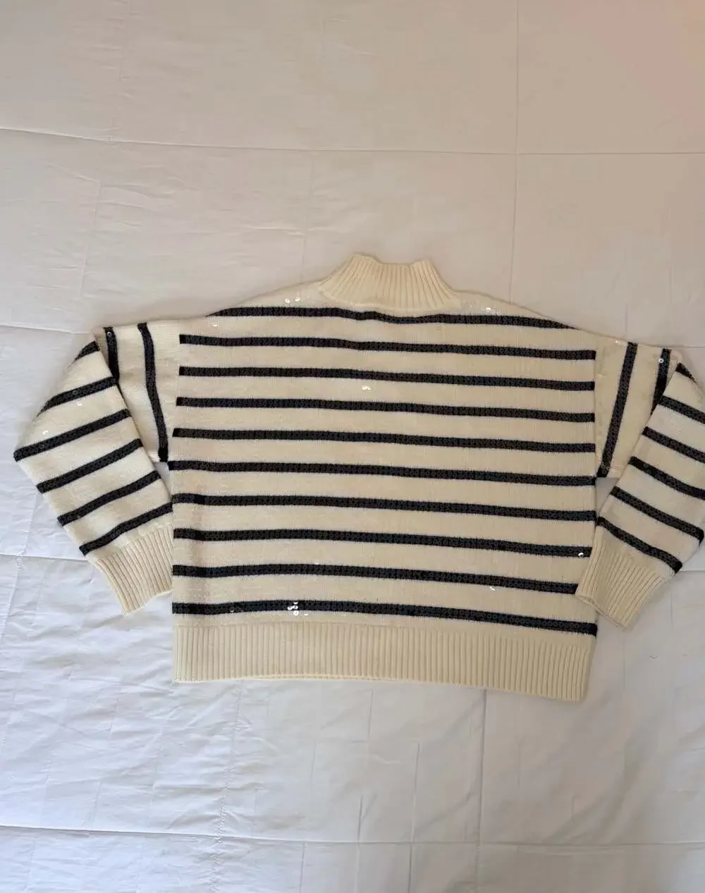 Sequin Striped Mock Neck Sweater Quiet Luxury Glam Style